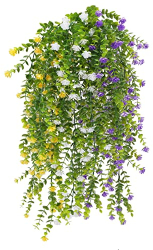 OUBTDK 3Pcs Artificial Hanging Plant Hanging Eucalyptus Plant Faux Hanging Flowers for Wall Bathroom Bedroom Garden Home Wedding Party Hanging Basket Wall Decor （Yellow，Purple，White）