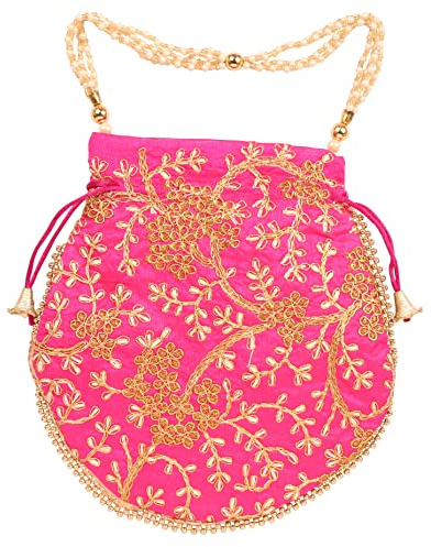 Touchstone Sac traditionnel indien brodé à la main avec cordon de serrage pour femme., Rani Pink 21,6 x 20,3 cm, 1 Count (Pack of 1)