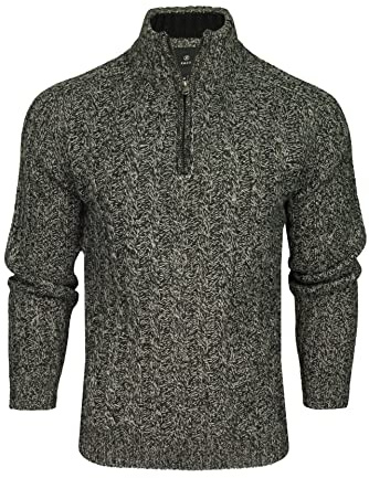Xact Men’s Quarter Zip Cable Knit Jumper, Chunky Funnel Neck 1/4 Zip Pullover, Regular Fit Warm Smart Casual Knitwear (Black/Dove Grey Twist) XL