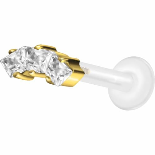 PIERCINGLINE PTFE Labret mit Gewinde Titan Aufsatz EINGEFASSTE KRISTALLTRAPEZE Piercing Lippe Nase Ohr Helix Tragus Medusa Goldfarben 3 Kristalle 1,2 x 7 mm