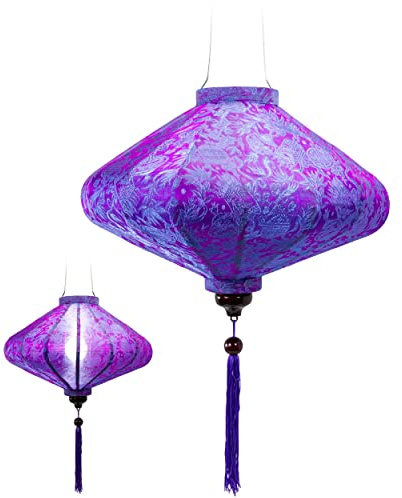 Traditioneller asiatischer Lampion aus Seide, lila, mit blauem Motiv, Durchmesser 39 cm – Hoian-Laterne aus Stoff, Bambus und Holz, handgefertigt – Dekoration und Handwerk aus Vietnam (P20-M)
