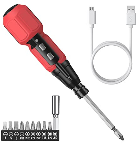 AMIR Cordless Screwdriver, Rechargeable Electric Screwdriver Sets, Portable Automatic Home Repair Tool Kit with USB Cable and LED Lights, Red