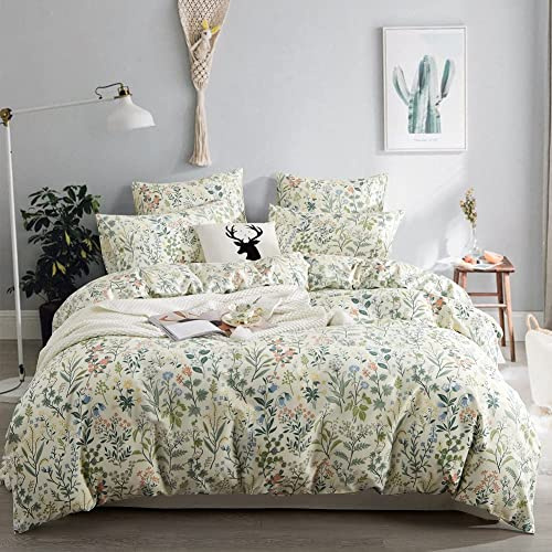 Sedefen Floral Duvet Cover Queen Size Green Botanical Flower Duvet Cover Set Women Men Boho Aesthetic Garden Style Vinatge Soft Microfiber Bedding Set 3 Pieces with Zipper Ties