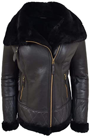 Divergent Retail DR533 Fliegerjacke für Damen, echtes Schaffell, Schwarz, Schwarz , 46