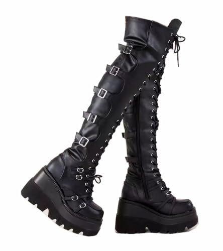 Gothniero Schwarze Plateau-Overschuhe, Overknee, Oberschenkelhoch, Rave-Motorradstiefel mit Schnallen, seitlicher Reißverschluss, Größe 36-42