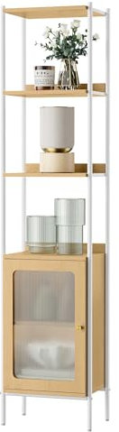 VASAGLE Bücherregal 6 Ebenen, Regal hoch, Standregal, Tür aus PC-Kunststoff, zeitgenössischer Stil, Metallrahmen, Verstellbarer Einlegeboden, für Wohnzimmer, eichenbeige-perlweiß LLS123W57