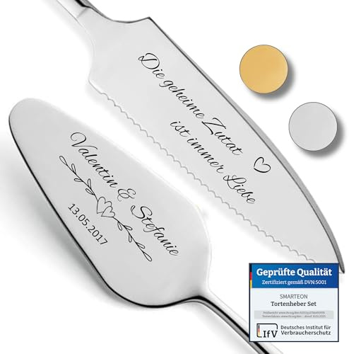 SMARTEON Cake-Server Set Geheime Zutat mit Tortenmesser und Personalisierter Gravur – Hochzeitsgeschenke für Brautpaar, Geburtstag, Jubiläum, Geschenkidee für Paare – Silber Set in Geschenkbox
