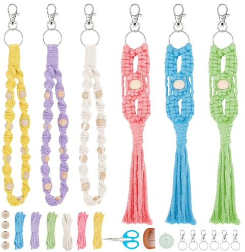 INFUNLY 6 Sets Makramee-Set Für Anfänger DIY-Makramee-Wandbehang-Set Für Erwachsene Anfänger Einfaches Makramee-Set Für Anfänger Mit Baumwollschnur Holzringe Perlen Schlüsselanhänger