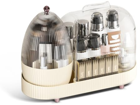 CheurYae Kosmetikaarrangör 360° roterbar, sminkförvaring, penselhållare för make-up, sminkbordsorganisatör med lock för toalettbord, badrum, sovrum (cremevit)