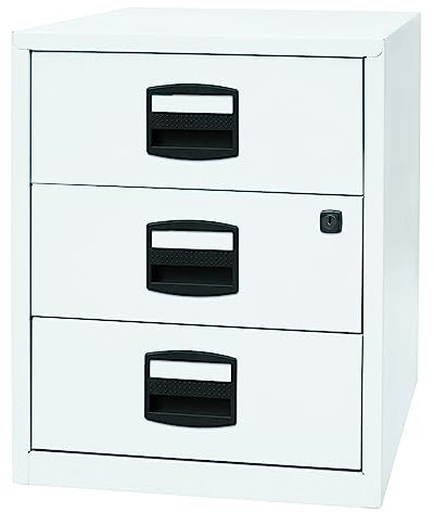 Bisley Home Beistellschrank auf Rollen mit Schloss aus Stahlblech, 3 Universal-Schubladen abschließbar - Büroschrank für DIN A4 Dokumente, Kleinteile & Büromaterial - Farbe: weiß