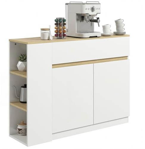 HOMCOM Credenza, mobile contenitore, con armadio a 2 ante, ripiano regolabile, 2 cassetti, 3 ripiani aperti, 110 x 29,5 x 82 cm, per sala da pranzo, soggiorno, cucina, bianco