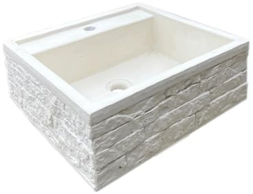 Fanuli Manufatti - Pila in cemento bianco installazione sospesa, Rubinetto a piano, lavandino per balcone modello Pietra e bocciardato (Pietra - Stone)