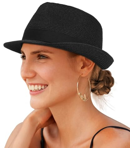 Creekstone Chapeau de Soleil Fedora en Paille pour Homme et Femme à Bord Court Panama Trilby Chapeau Été de Plage Pliable UPF 50+ (FR/ES, Alpha/Lettres, M, Noir)