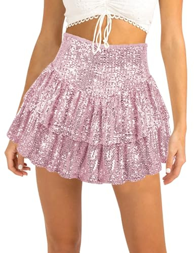 Minigonna da donna con volant con paillettes scintillanti a vita alta glitterata gonna fluida a strati gonne corte per feste e club, rosa, XS
