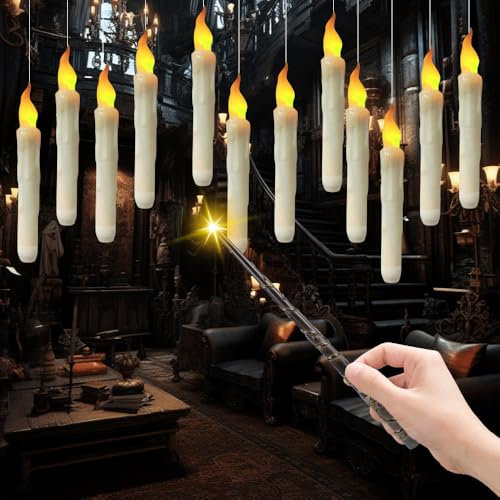 IXYHKB Floating Candles with Magic Wand Remote, 12PCS Flameless Hanging Candles, LED Taper Candles Flickering, Battery Operated LED Magic Candles for Halloween Christmas Wedding Party Decoration