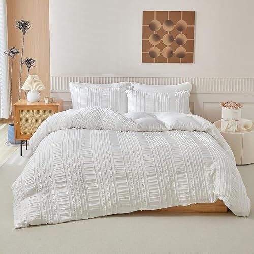 DXHOME Seersucker Ropa de cama de 3 piezas de 3 piezas, color blanco, liso, elegante, reversible, juego de cama de microfibra transpirable y suave con cremallera y 2 fundas de almohada de 80 x 80 cm