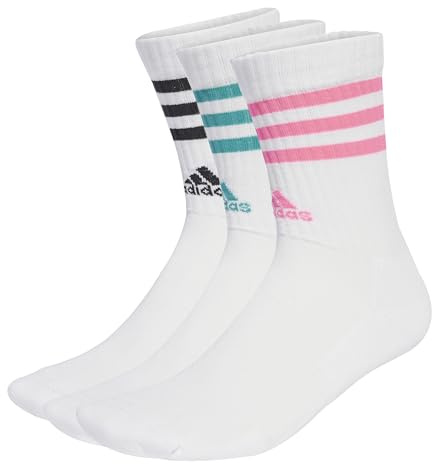 adidas Unisex 3-Stripes Cushioned Crew Socks 3 Pairs, White/Pure Teal/Lucid Pink/Black, 6.5-8