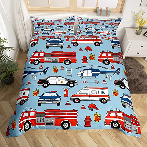 Feelyou Bettwäsche-Set mit Cartoon-Polizeiauto, Bettbezug für Kinder, Jungen, Kleinkinder, Feuerlöscher, Trösterbezug, Flugzeug-Bettwäsche-Set, 1 Bettbezug mit 1 Kissenbezug, Kleinkindgröße, keine