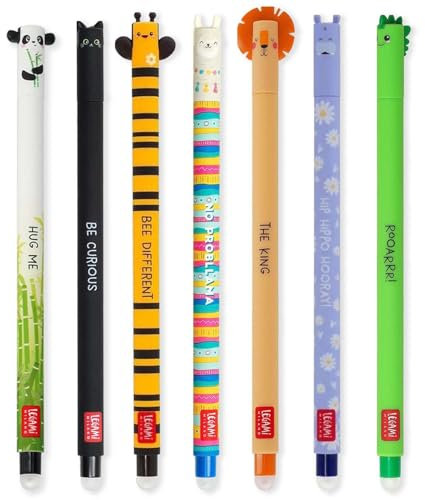 Legami – Set aus 7 radierbaren Gelstiften mit wärmeempfindlicher Tinte, in verschiedenen Farben und mit Motivdesigns, 0,7 mm Spitze, mit Panda, Katze, Biene, Lama, Löwe und mehr