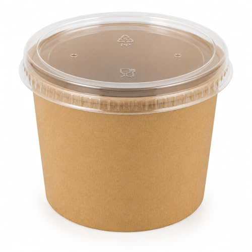 Arredo Chef Bol Alimentaire Kraft 380 ml Ø96 × H75 mm – Lot de 50 Pot à Soupe Jetable en Carton Kraft 320 g/m² – Pour Soupes, Salades, Nouilles et Desserts – Couvercle en PP