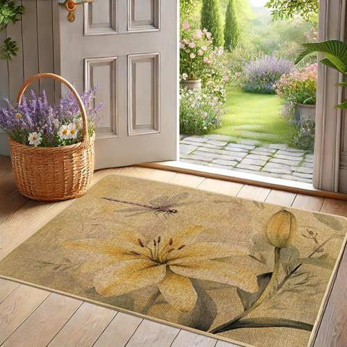 Fußmatte mit Frühlingsblumen, gelbe Lilie, Fußmatte für Außen- und Inneneingang, Gartendekoration, Gummi, wasserdicht, rutschfest, staubabsorbierend, leicht zu reinigen, 73,2 x 43,2 cm