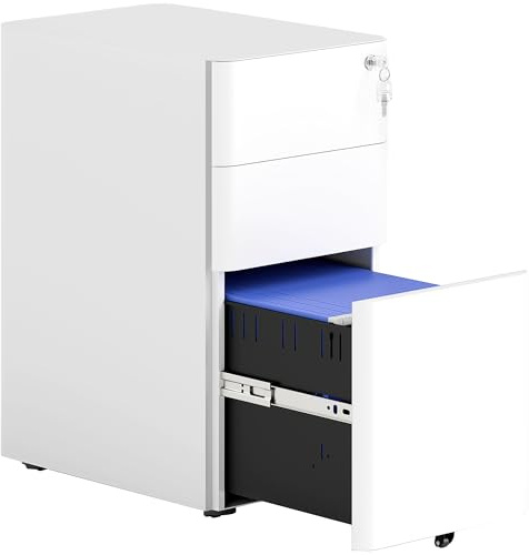 Vinsetto 3-Drawer Mobile Filing Cabinet, Lockable Metal File Cabinet with 5 Wheels for A4/Legal/Letter Sized Documents, Hanging File Folders, Under Desk, Pre-Assembled Body, 30 x 45 x 59 cm, White