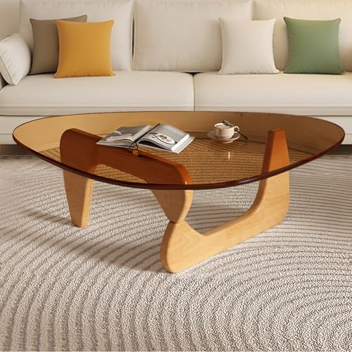 Modern Glass Coffee Table, Mid Century Coffee Table,Small Coffee Table for Living Room,Suitable for Bedroom Living Room Reception Office Tables (Wood/Brown, Small)