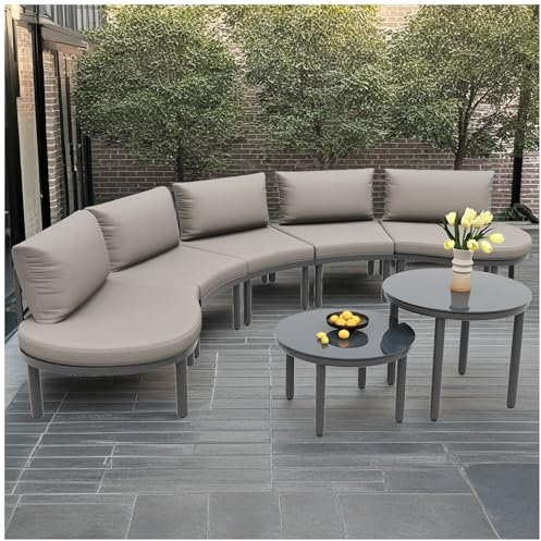 Wyibwy Gartenmöbel-Set für den Außenbereich, 5 Sitzplätze, 2 Tische aus gehärtetem Glas mit Sitzkissen und grauen Kissen, Gestell aus verzinktem Eisen mit verstellbaren Beinen, bequemes Sofa