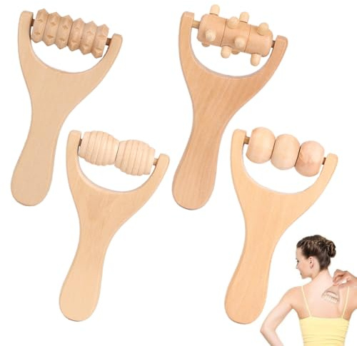 4 Stück Massageroller Holz, Multifunktional Massage Roller, 4 Modelle Faszienstab Holz mit Griff, Massageroller Rücken, für Körper, Beine, Nacken, Rücken zur Muskelentspannung & Körperformung