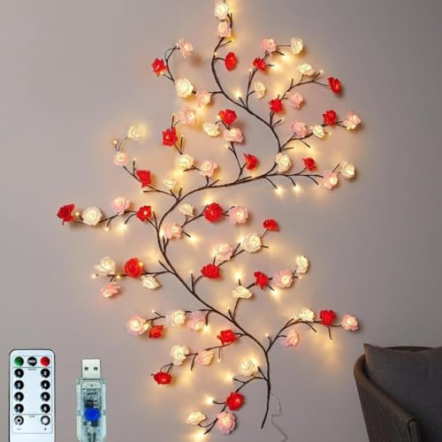 Gresoinc - Luces de ramas de árbol para pared, alimentadas por USB, 8 modos, luz blanca cálida con temporizador remoto, regulable, flexible, sauce, vid, floral, decoración de primavera (rosa, 48 LED)
