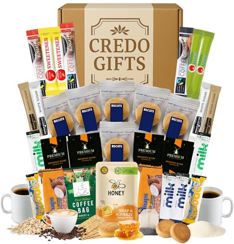 Ultimate Tea & Coffee Gift Hamper Set – Instant Sachets, Shortbread Biscuits, Tea Bags, Sugar & Milk Sticks – Luxury Coffee & Biscuit Sharing Box for Him, Her or Colleagues