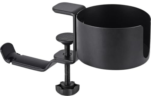 GLEAVI Soporte Multifuncional de Escritorio para Auriculares y Portavasos Ajustable y Giratorio Organizador de Oficina Aluminio Negro