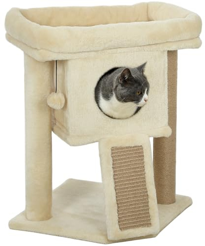 PawHut Kratzbaum 57 cm Kleiner Katzenturm mit Höhle für Katzen Beige | Spielball, Große Plattform, Katzenkratzbaum, Kletterbaum, Bis 5 kg