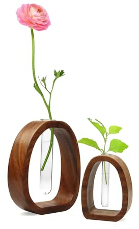 Suerhatcon Test Tube Vases with Wood Frame, Set of 2 Glass Test Tube Vase for Hydroponic Plants Cuttings and Decoration