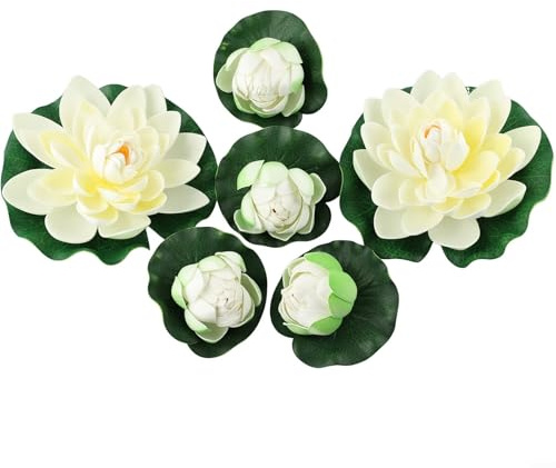 Besshepplo Set de Plantas flotantes para Estanque Lotos Artificiales flotantes, nenúfares para Estanque, Fuente, jardín, Piscina, Acuario, decoración de Peces, plástico Blanco.