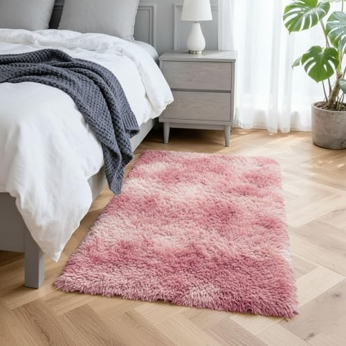 Hafaa Fluffy Shaggy Rugs Living Room Tie-Dye Pink Lilac 60x110 cm, Soft Thick Pile Carpet Bedroom, Non Slip Small Bedside Rug for Kids Nursery Room Non-Shedding