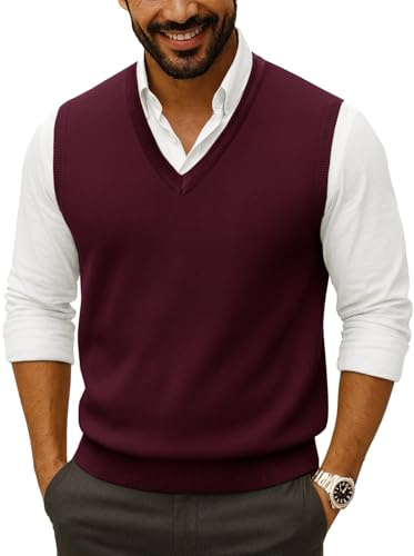 Moda Viva Mens Burgundy V Neck Sweater Vest, Fall Pullover Sweater Vests, Lightweight Sleeveless Knit Vest, Large