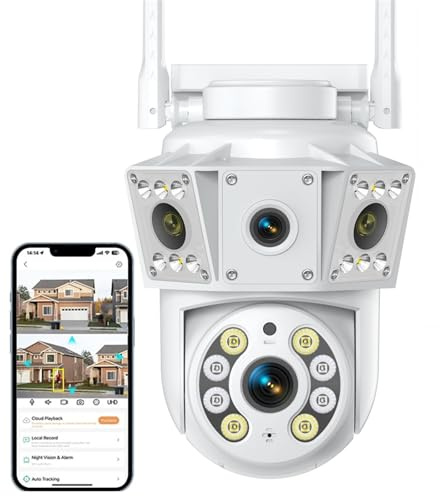 Srvillg Dual Lens Camera Outdoor, 360° PTZ WiFi CCTV Camera, 2.4/5GHz WiFi Security Camera PIR Human Detection, Sound and Light Alarm, Support 256G TF Card, Colour Night Vision (Dual Lens Camera-02)