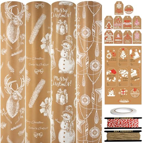 HaloCasa Set med 4 rullar julklappspapper – 43 cm x 3 m kraftpapper med presentetiketter och presentband – presentpapper, julrullar för presentförpackning och dekoration