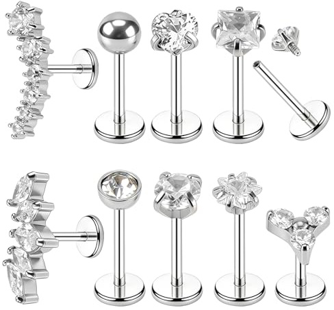 Jinkox 9pcs Spiral Tragus Piercing Jewellery Silver Labret Piercing Jewellery Stainless Steel Labret Studs with Zirconia for Tragus Stud, Flat Back Nose Stud 8mm,Cartilage Earrings Helix