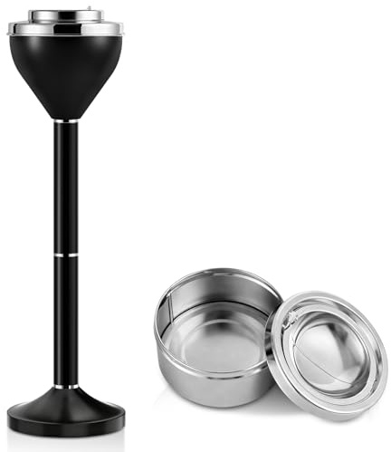Aschenbecher, Stand Aschenbecher für draussen, 42 & 61.5 cm Verstellbarer | Aschenbecher mit Deckel, Schwarzer Standaschenbecher Für draußen, Afneembare Standaschenbecher mit Zware Basis für Haus, Büro