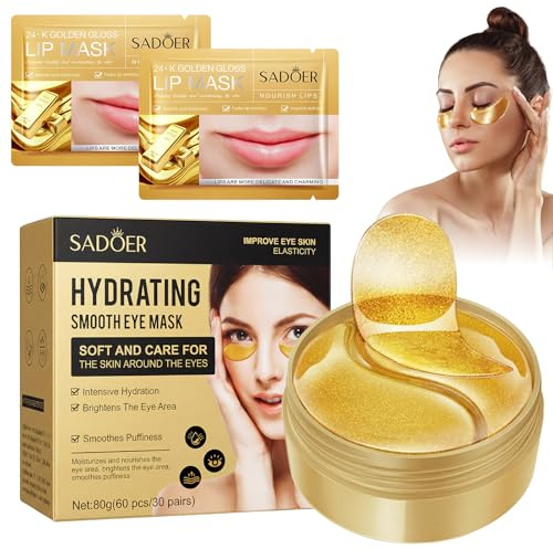 Kollagen Hydrogel Anti Aging Augenmaske,60 Pads Eye Pads mit Lip Mask,Kollagen-Hyaluronsäure-Augenpflaster,Augenpads Gegen Augenringe,Augenpads Gegen Falten,Tränensäcke,Anti Aging,Schwellung(24K Gold）