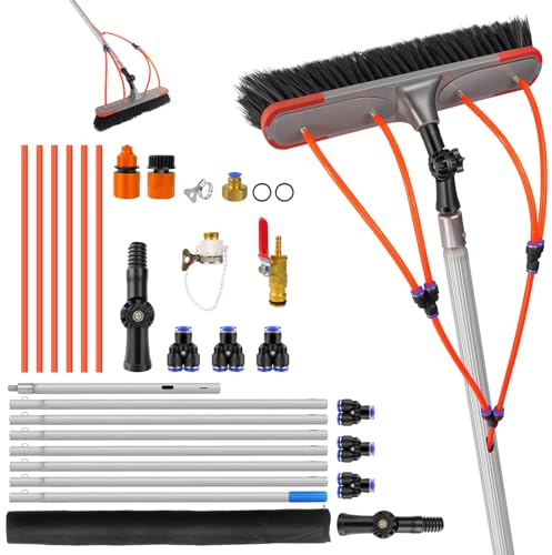 7m/23FT Aluminium Telescopic Window Cleaning Brush with Water Hose, Water Fed Pole Kit with180° Adjustable Angle, 35cm Brush Head & Accessories, Cleaning and Washing Tool for Solar Panels, Patio, Roof