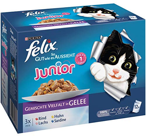 Felix So gut wie es aussieht Junior 12er-Multpacks (Rind, Huhn, Lachs, Sardine) 12 x 100 g, Katzenfutter von Purina, 6er Pack (6 x 1.2 kg)