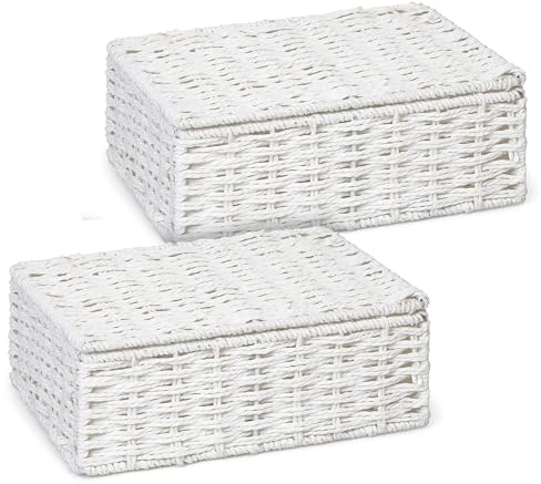 ARPAN 2 x Paper Rope Storage Hamper Basket With Lid - Ideal For Home/Office & Gifts Hamper - White (Medium)