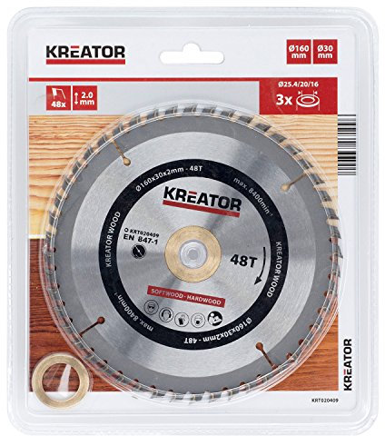 Kreator KRT020409 Hartmetall Kreissägeblatt für Holz Ø160mm Bohrung 30mm Dicke 2,0mm Zähne 48