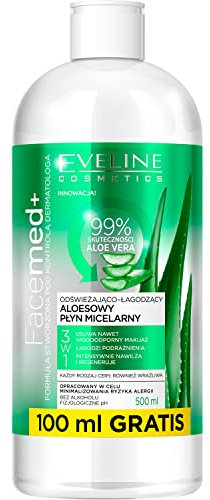 Eveline Cosmetics Facemed+ Erfrischendes Beruhigendes Aloe Mizellenwasser 3-in-1 - Entfernt Wasserfestes Make-up, Beruhigt Irritationen, Tiefenbefeuchtung & Regeneration, 500ml