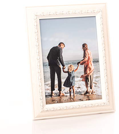 Barock Bilderrahmen für DIN A5 / 15x21 cm Fotos - Vintage Fotorahmen in Weiß mit Echtem Glas für Schöne Momente | Freistehender Holzrahmen geeignet für Tisch- oder Wandmontage, Hoch- & Querformat