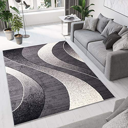 TAPISO Dream Area Rug Living Room Bedroom Modern Short Pile Dark Grey Waves Durable Carpet Size - 120 x 170 cm (3ft11 x 5ft7)