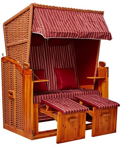 intergrill Strandschönheiten Sophia Ostsee Strandkorb | 2-Sitzer Vollholzfront inkl. Schutzhülle | Burgund Weiß gestreift | Balkon Terrasse Garten